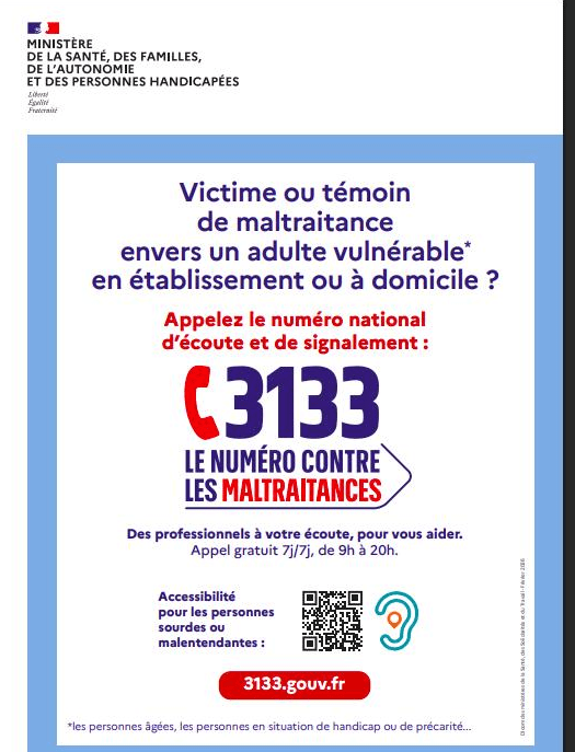 Affiche officielle du gouvernement : numéro national 3133, maltraitance des adultes vulnérables, appel gratuit 7j/7 de 9h à 20h.